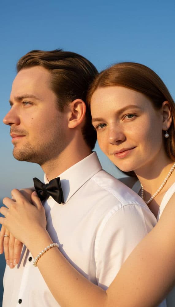 AI-generated photo example: A romantic couple embracing on a seaside pier, surrounded by seagulls.