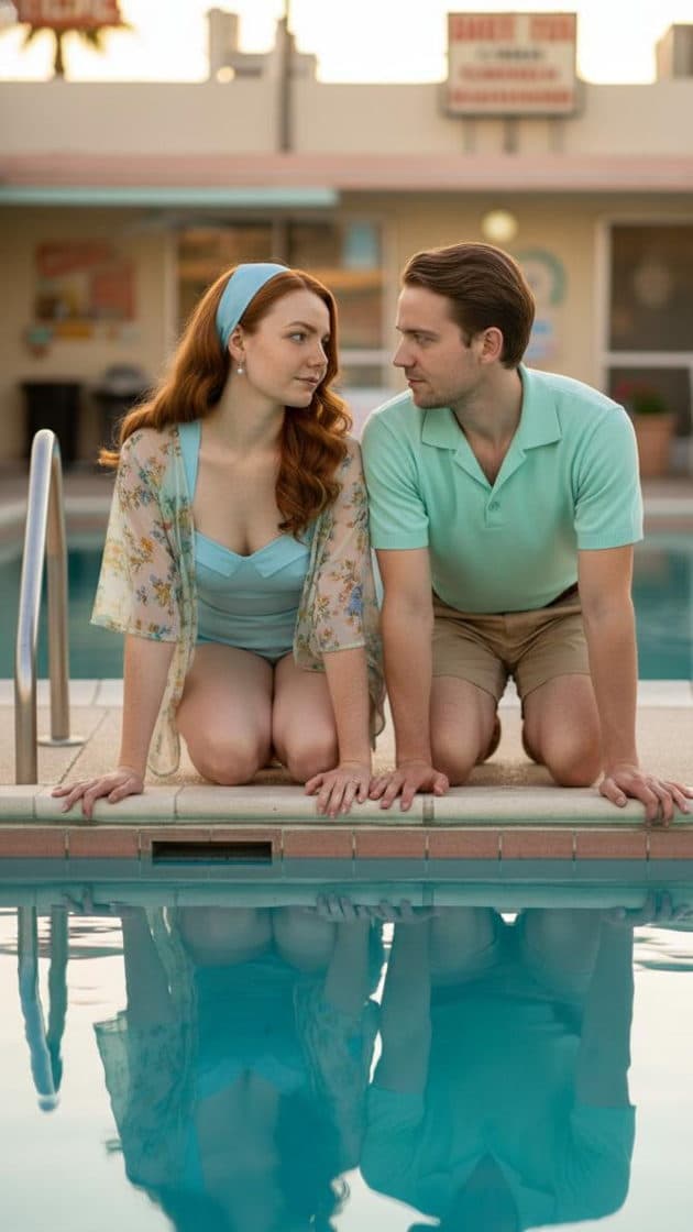 AI-generated photo example: A romantic couple sharing an intimate moment at the edge of the swimming pool.