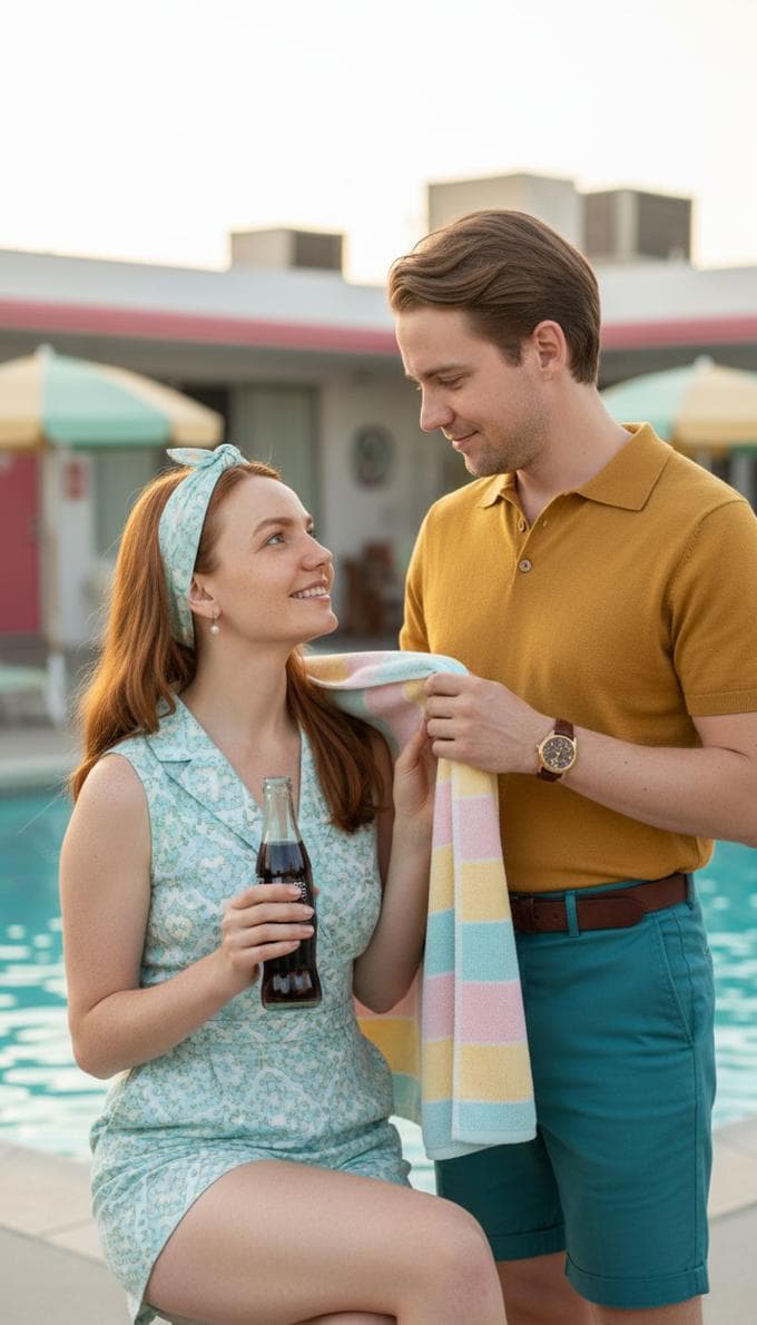 AI-generated photo example: A vintage-style photoshoot of a couple enjoying a classic soda by the pool.