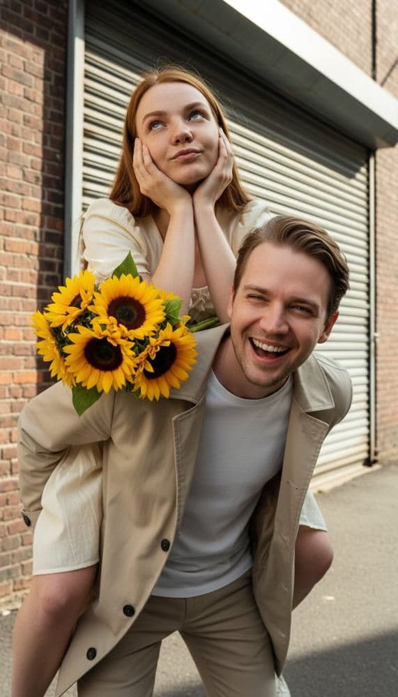 AI-generated photo example: An intimate moment of a couple embracing on a city rooftop on an overcast day.