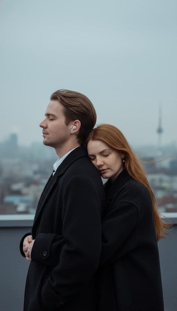 AI-generated photo example: A sweet, affectionate portrait of a woman kissing a man, leaving lipstick marks on his face.