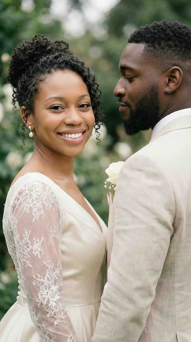 wedding couple photo: garden walk, blurred background, natural colors