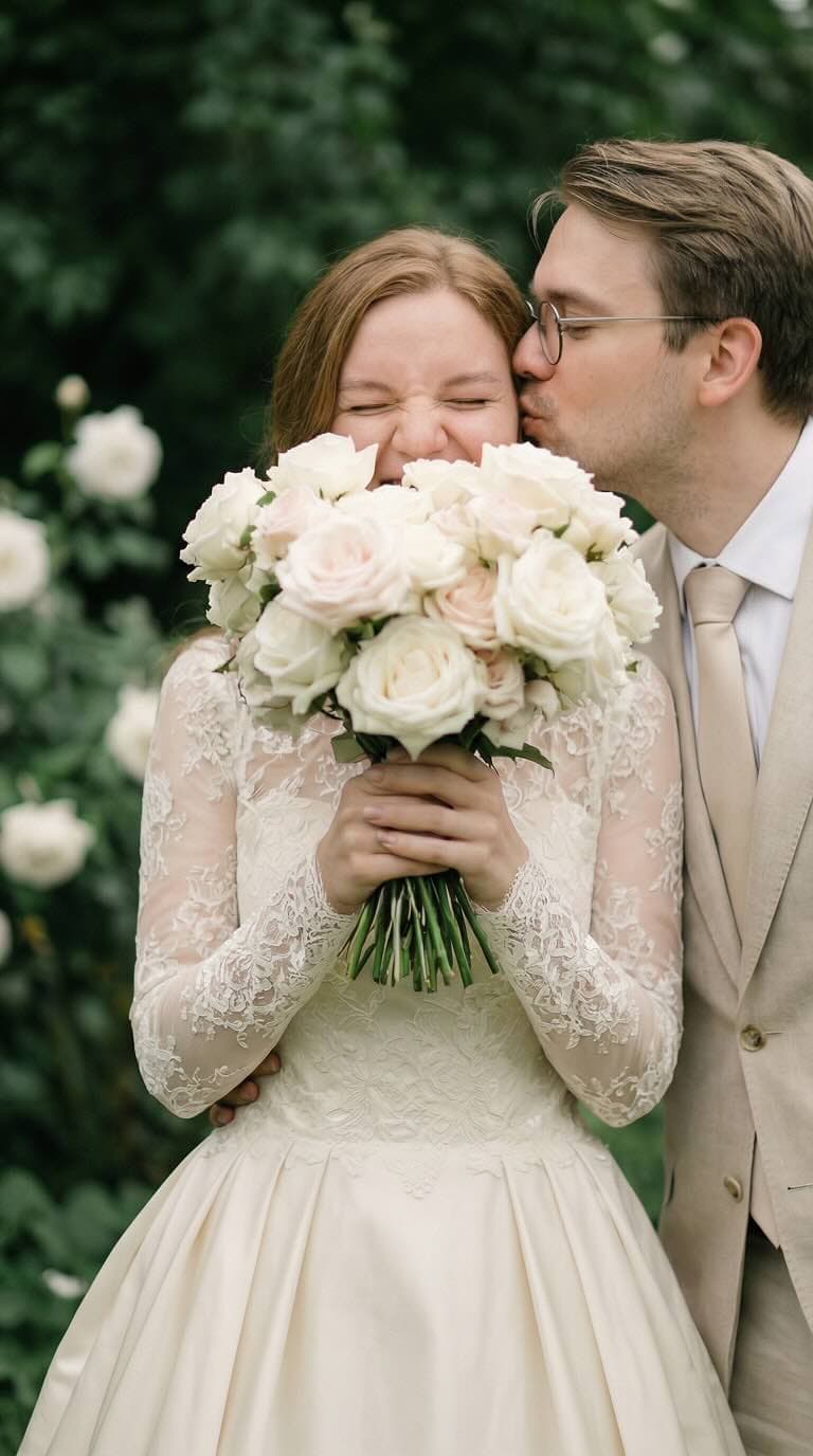 AI wedding photo maker: beautiful bride laughing, covering face with bouquet.
