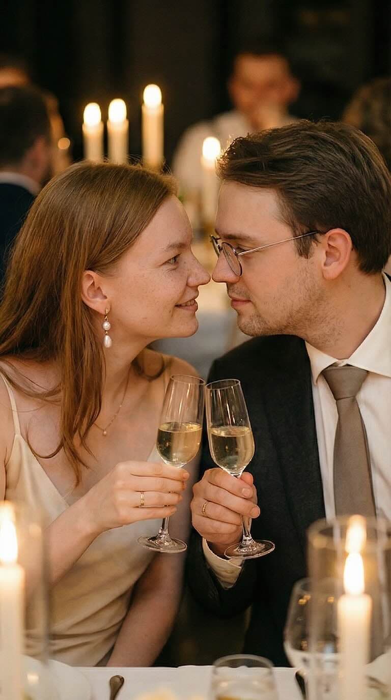 Wedding anniversary photo shoot: bride and groom at the table.